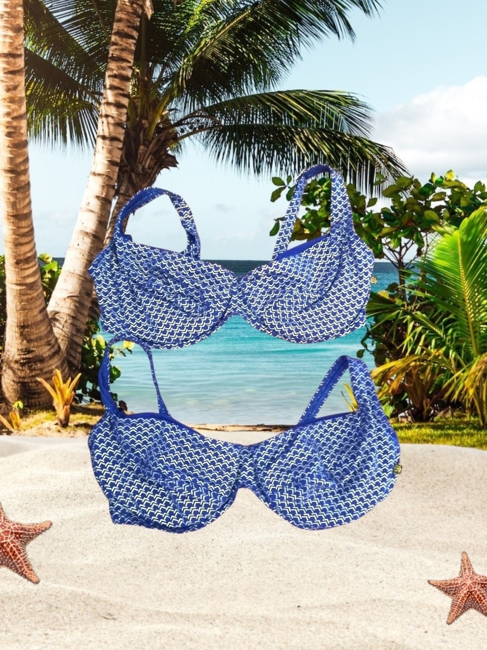 2 Aqua Blue Printed Underwire Bikini Top D+